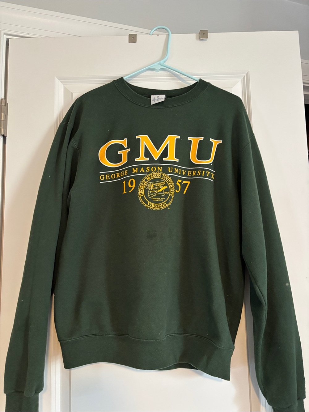 Champion GMU Green Crewneck with Yellow Lettering